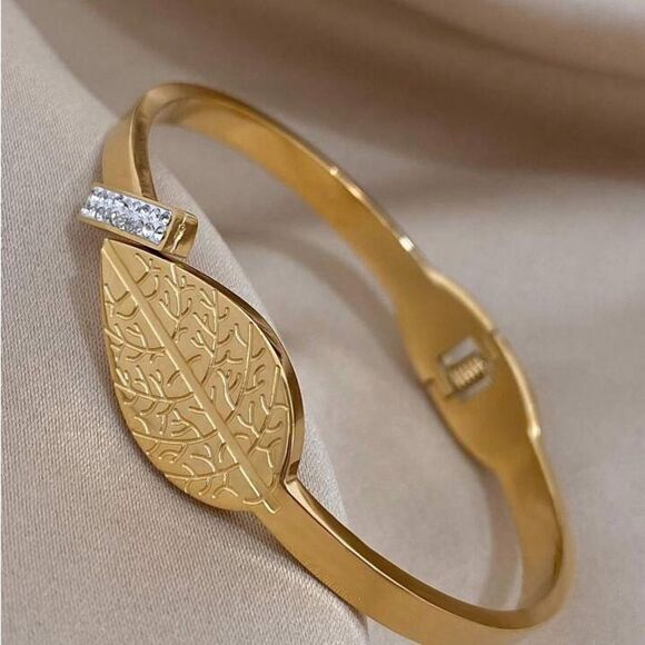 Elegant Gold Leaf Bracelet Vintage Stainless Steel Cuff Bracelet Bangle - Picture 6 of 6